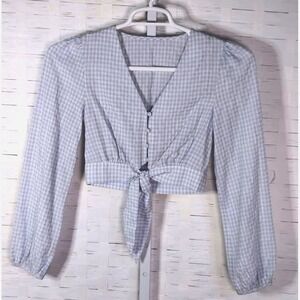 Elodie Blue Checked  Puff Sleeve Button Front Tie Waist Crop‎ Top Size XS